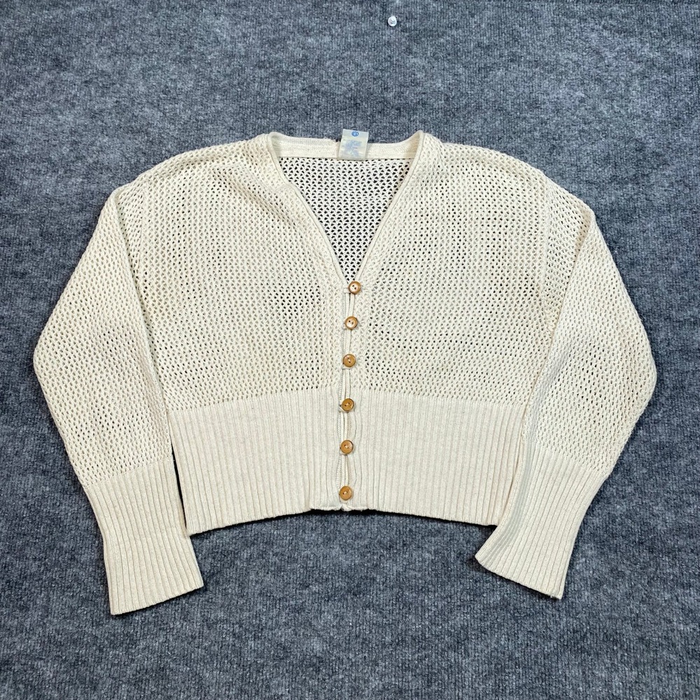 Yessica Vintage Cropped Open Knit Cardigan Cream Cotton Linen Blend Womens L